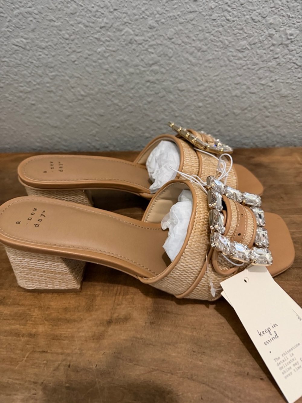 A New Day Beige Raffia Block Heel Slide Sandals with Crystal Buckle size 10 - Picture 3 of 5